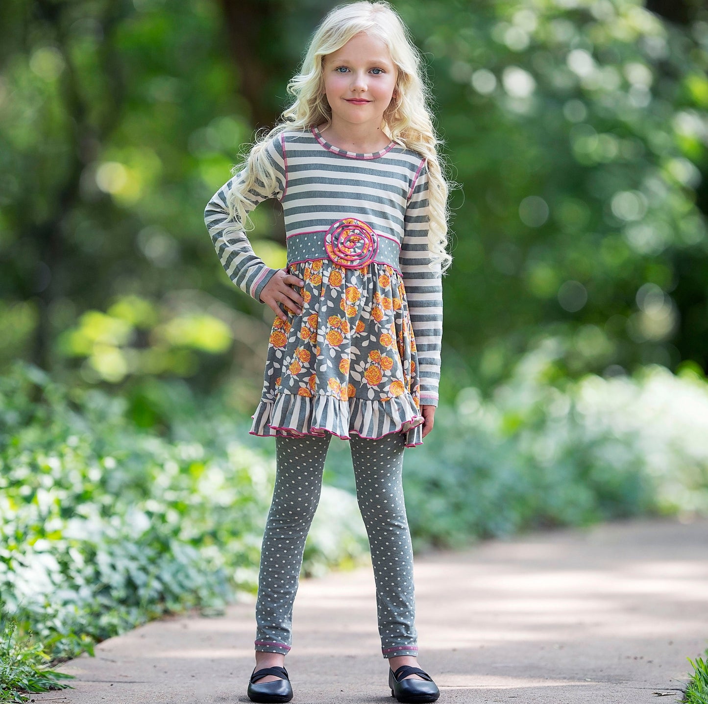 Grey Floral & Striped Dress & Polka Dot Legging Set