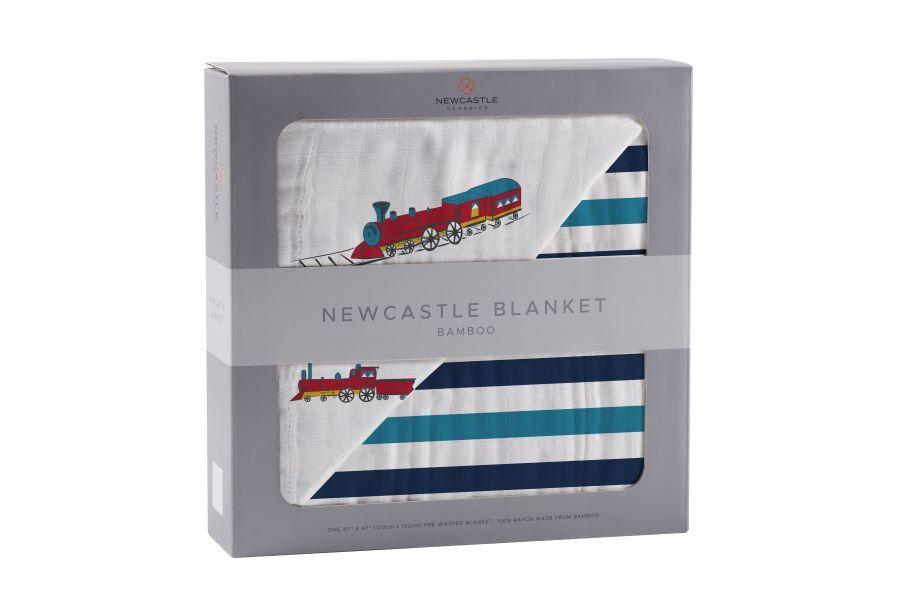 Vintage Steam Trains and Blue Stripe Bamboo Muslin Blanket
