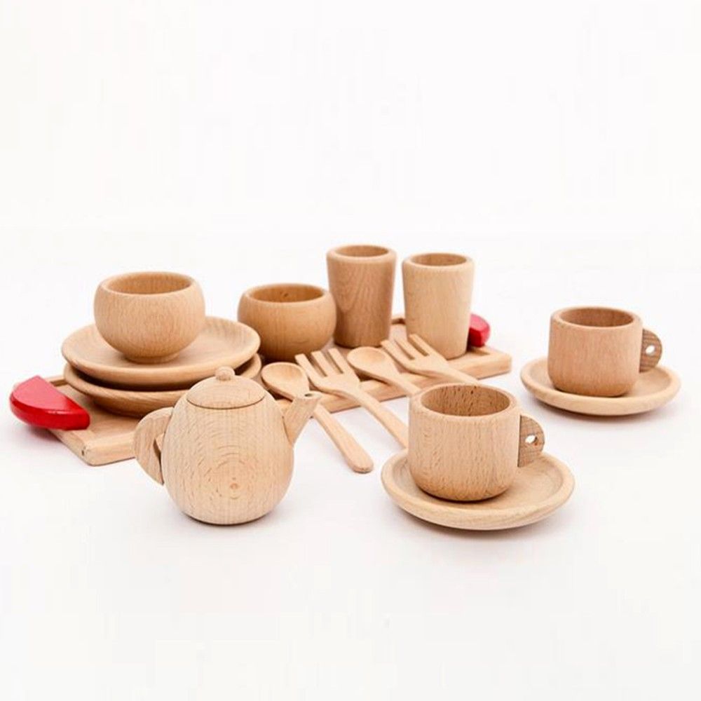Very beneficial for imaginative play! Included: All natural solid wood - small teapot, coffee cup with handle, long cup, medium plate, small plate, wooden fork, wooden spoon, tea tray, small tea bowl, set of tableware including color box, set of tableware without color box, large plate Applicable age: infants (0-3 years old)