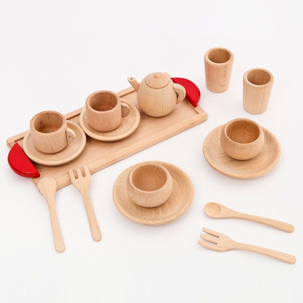 Very beneficial for imaginative play! Included: All natural solid wood - small teapot, coffee cup with handle, long cup, medium plate, small plate, wooden fork, wooden spoon, tea tray, small tea bowl, set of tableware including color box, set of tableware without color box, large plate Applicable age: infants (0-3 years old)