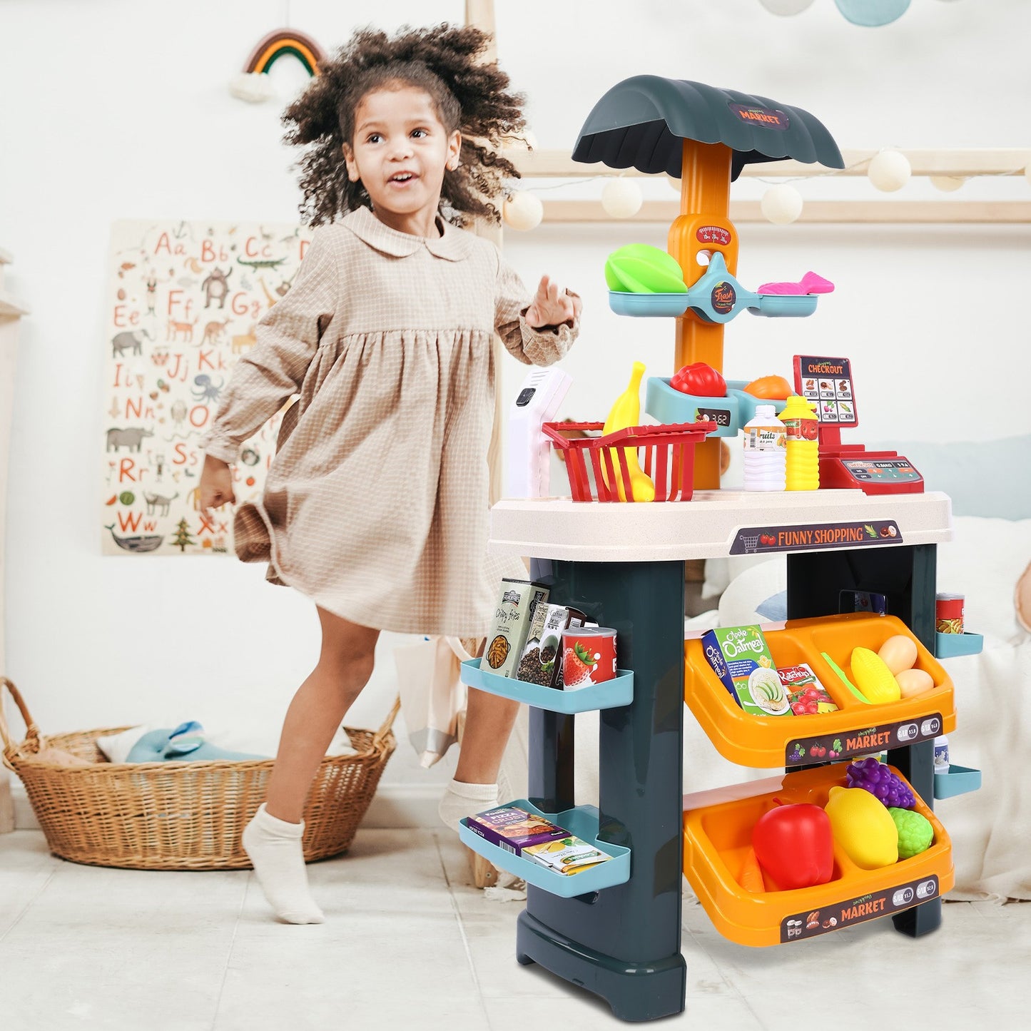 Grocery Store Selling Stand – Supermarket Playset w/ Toy Cash