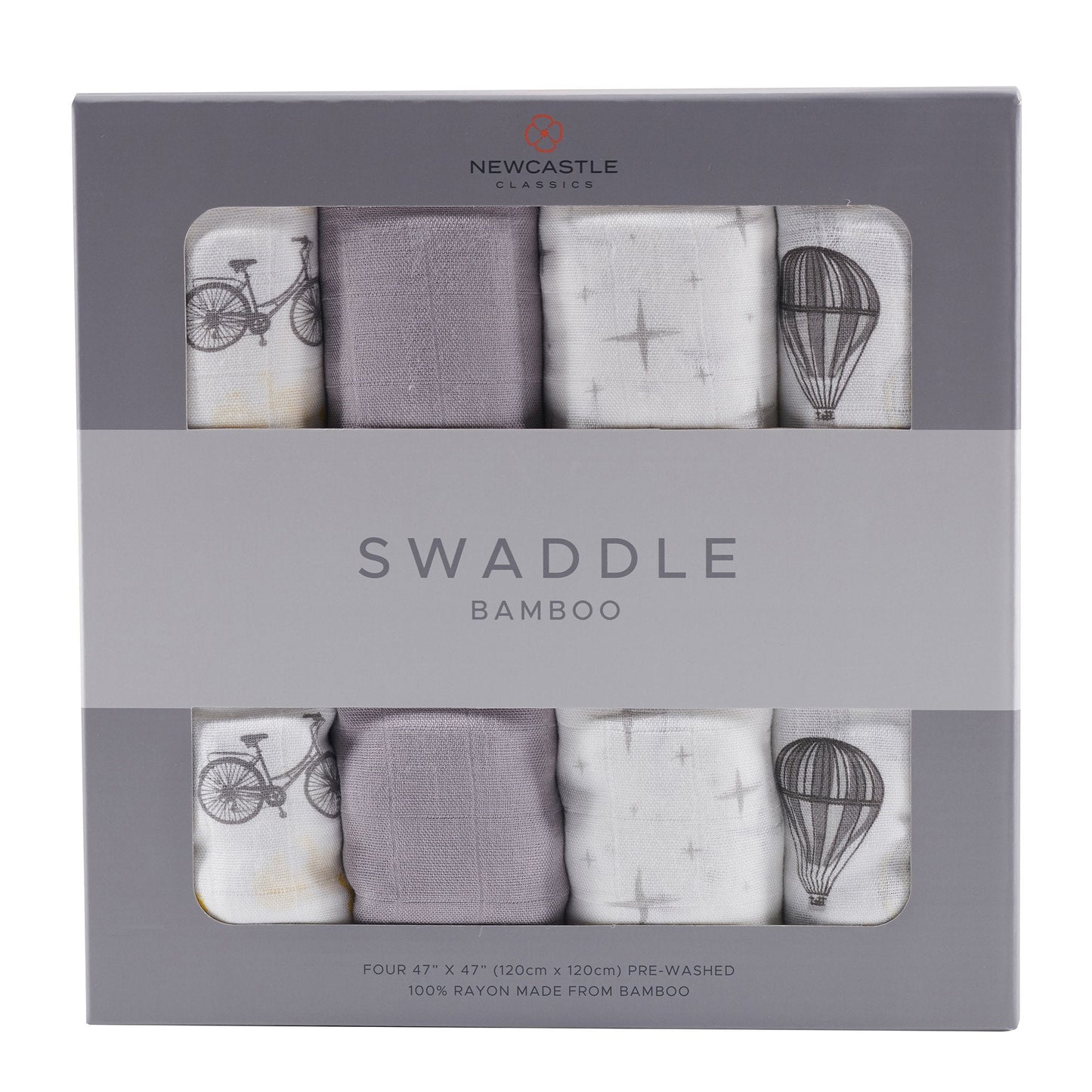 This soft, breathable, pre-washed four pack of muslin swaddle are made from our natural bamboo fibers. Use these swaddles as a stylish stroller or nursing cover, changing pad cover, burp cloth, tummy time blanket and more. The breathable fabric helps reduce the risk of overheating while the generous size makes swaddling a breeze. Hot air balloons, bicycles, stars, and neutral grey. Unisex.