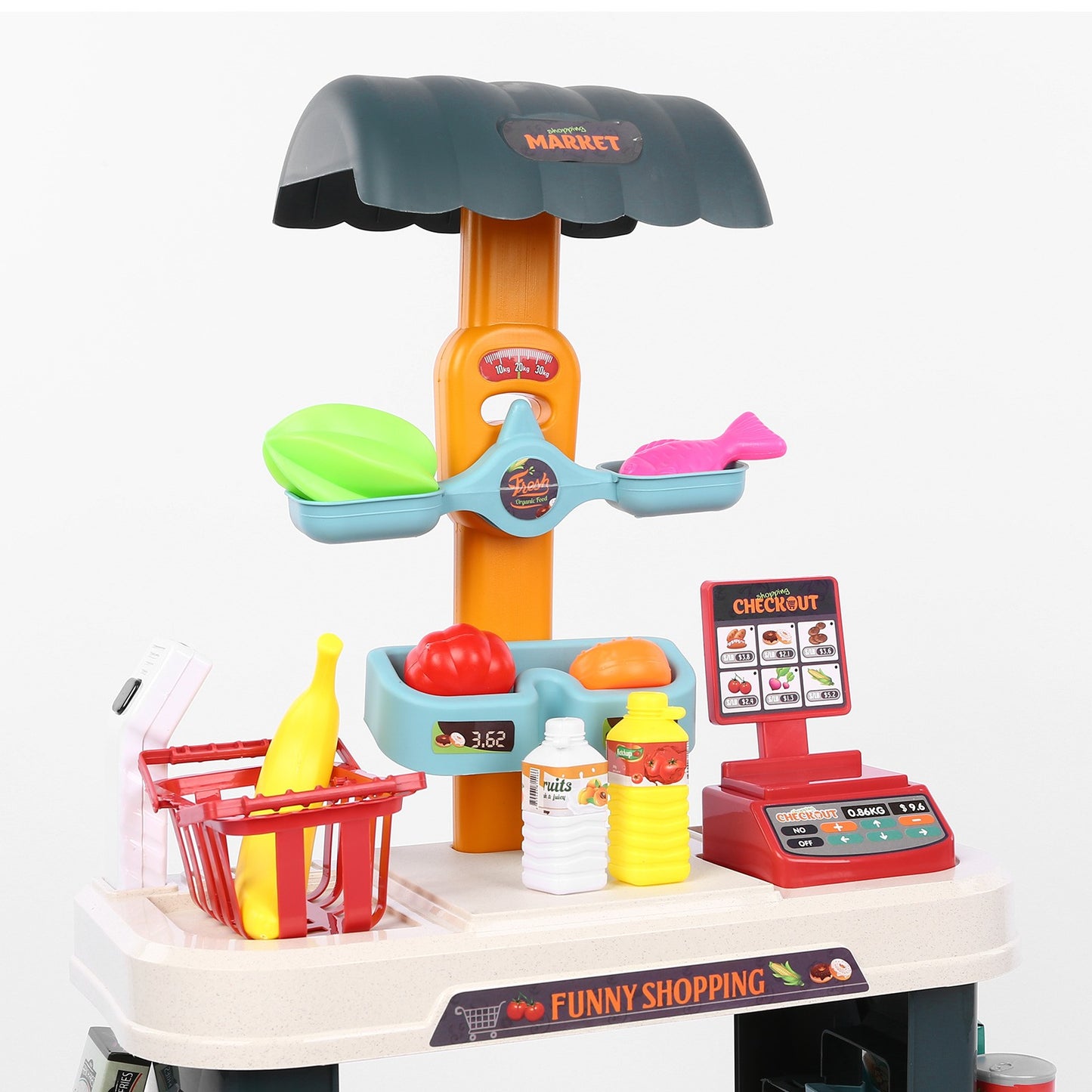 Grocery Store Selling Stand – Supermarket Playset w/ Toy Cash