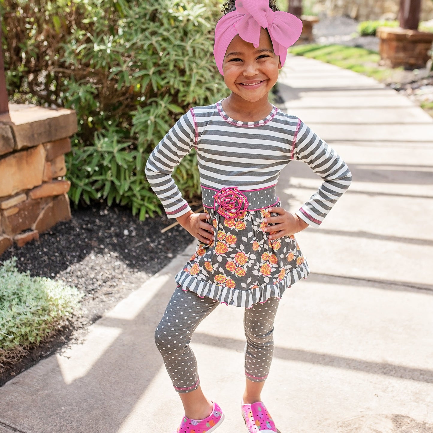 Grey Floral & Striped Dress & Polka Dot Legging Set