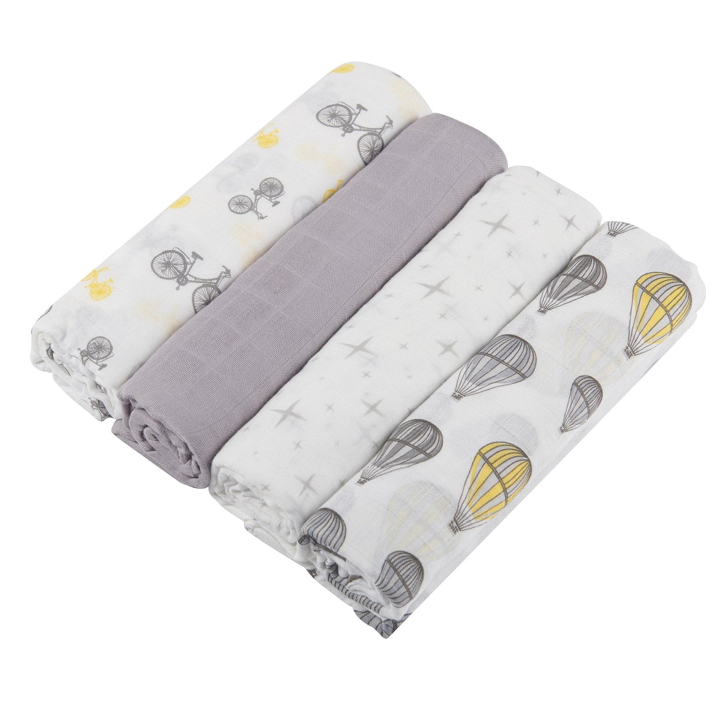 This soft, breathable, pre-washed four pack of muslin swaddle are made from our natural bamboo fibers. Use these swaddles as a stylish stroller or nursing cover, changing pad cover, burp cloth, tummy time blanket and more. The breathable fabric helps reduce the risk of overheating while the generous size makes swaddling a breeze. Hot air balloons, bicycles, stars, and neutral grey. Unisex.
