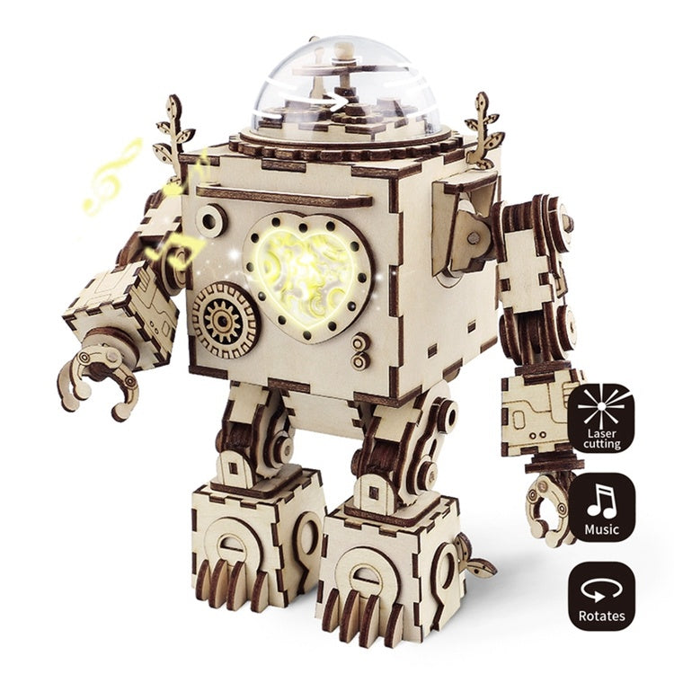Rotatable Wooden DIY Steampunk Robot w/ Music & Glowing Heart