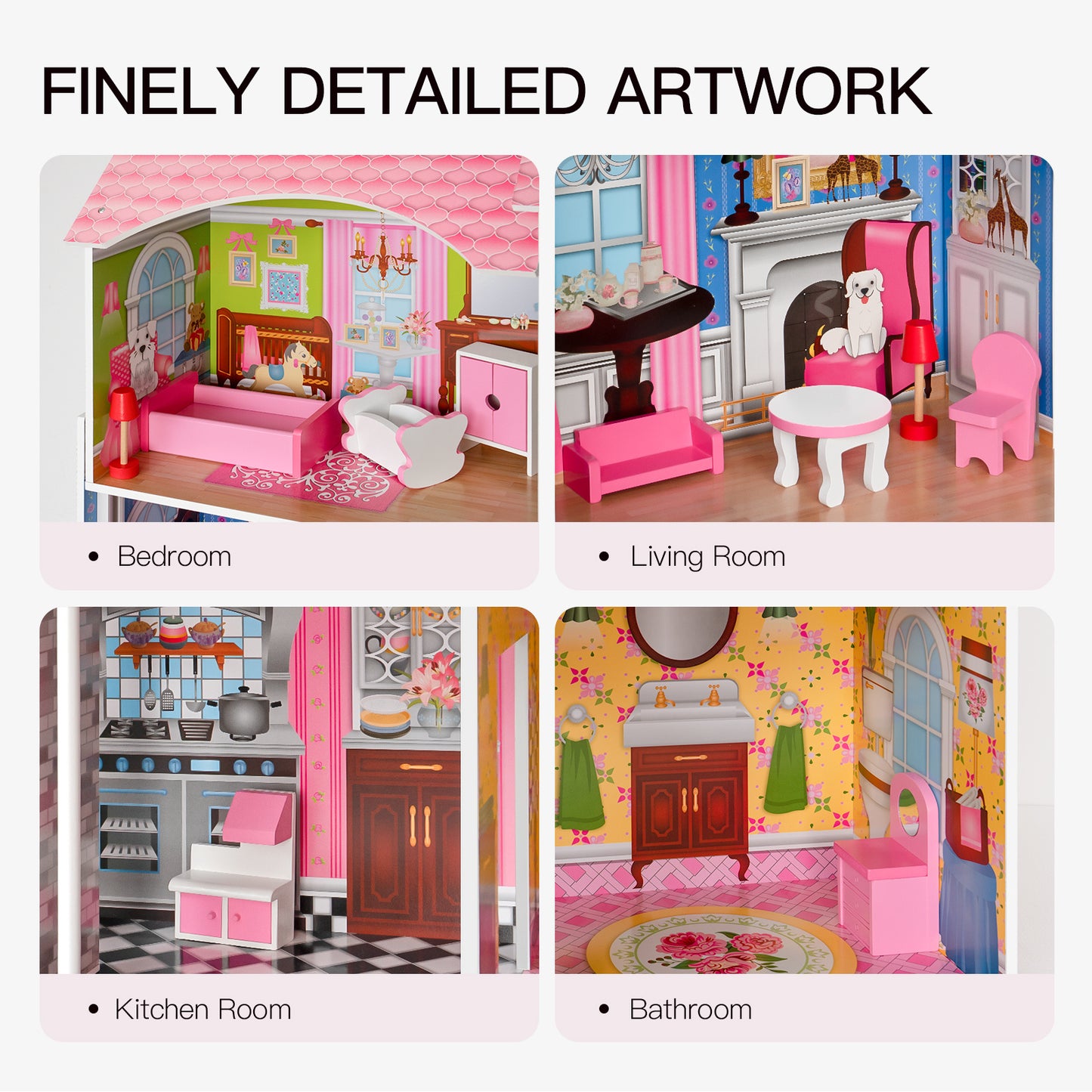 Classic Wooden Dollhouse 1. There are 10 pieces of furniture, suitable for different rooms. 2. Bright colors stimulate children's creativity. 3. The furniture is made of solid wood, which is safe and non-toxic. 4. The whole doll house is made of MDF, which is sturdy and durable. 5. 3 floors, 5 different rooms and 1 balcony, with 1 stairway and 1 elevator, you can find more ways to play. 6. Great for playing with family and friends to enhance communication skills