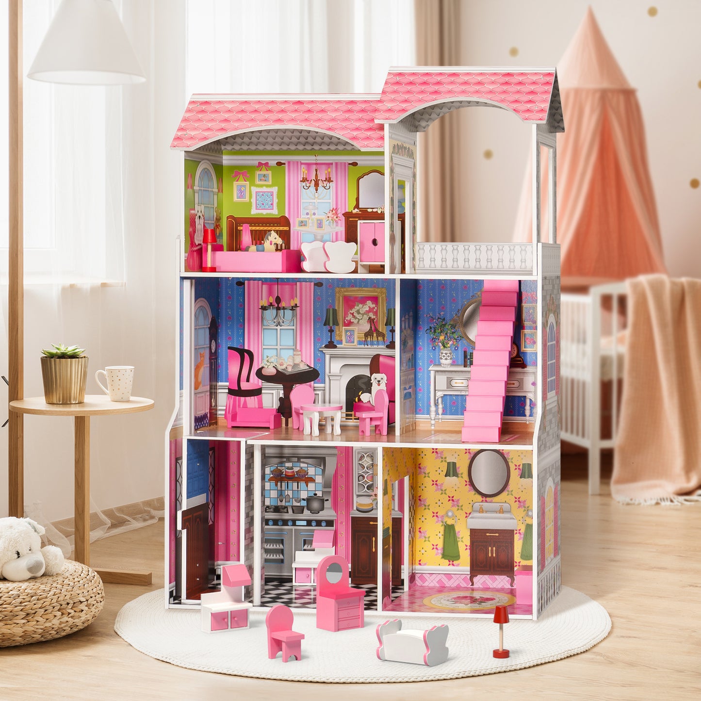 Classic Wooden Dollhouse - 1. There are 10 pieces of furniture, suitable for different rooms. 2. Bright colors stimulate children's creativity. 3. The furniture is made of solid wood, which is safe and non-toxic. 4. The whole doll house is made of MDF, which is sturdy and durable. 5. 3 layers, 5 different rooms and 1 balcony, with 1 stairway and 1 elevator, you can find more ways to play. 6. Suitable for playing with family and friends to enhance communication skills