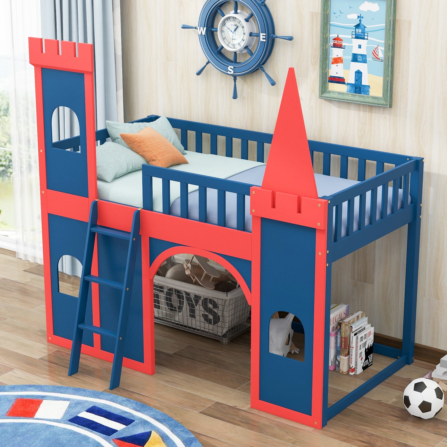 Twin Size Castle Shaped Loft Bed with Underbed Storage Space