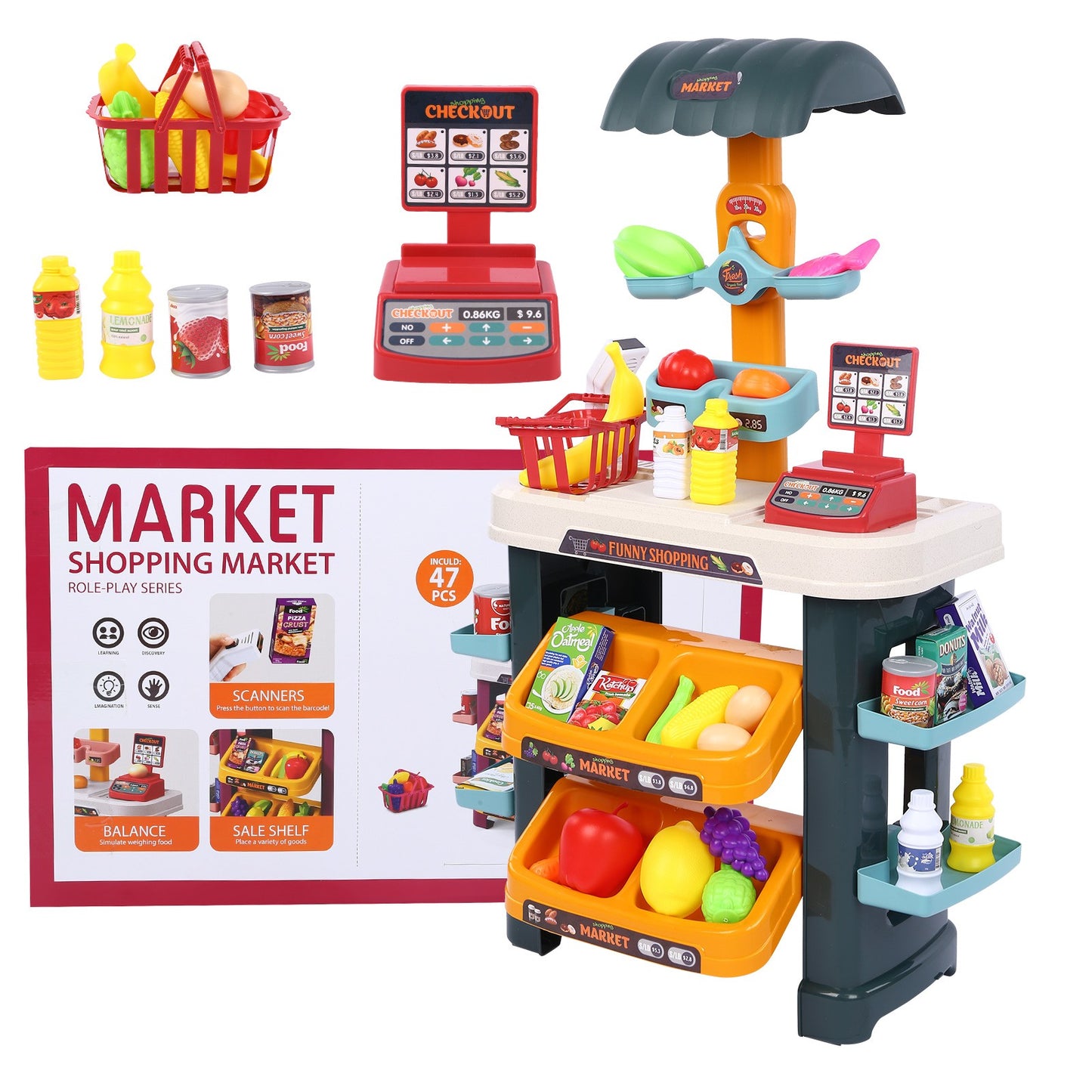 Grocery Store Selling Stand – Supermarket Playset w/ Toy Cash
