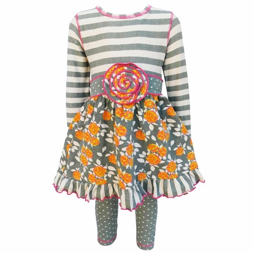 Grey Floral & Striped Dress & Polka Dot Legging Set