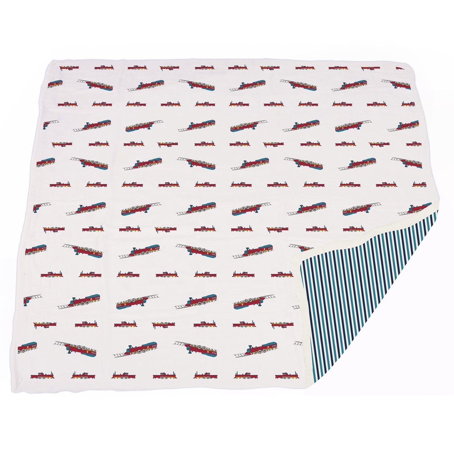 Vintage Steam Trains and Blue Stripe Bamboo Muslin Blanket