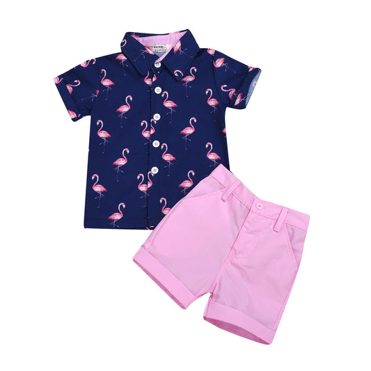Boys Bright Flamingo Shirt & Shorts Set