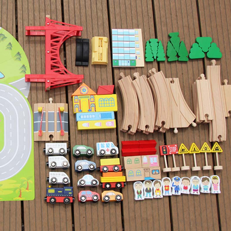 Wooden Train Track & City Set w/ Accessories 82 Pcs