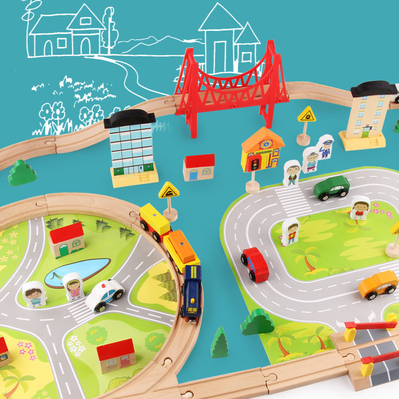 Wooden Train Track & City Set w/ Accessories 82 Pcs
