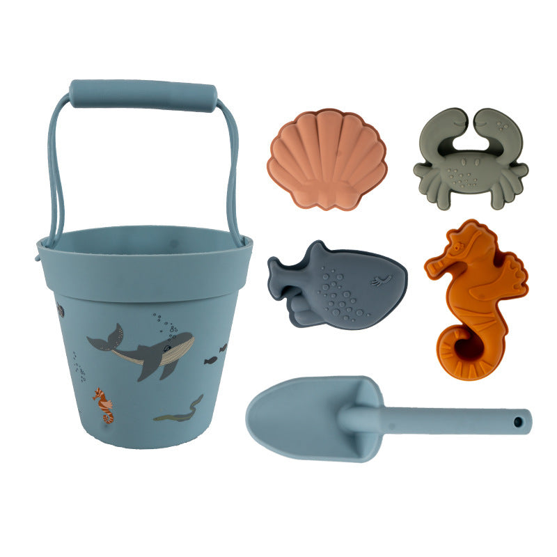 food grade silicon beach bucket and molds toy set unisex boys and girls beach toys toddler activities kids  whales seashells seahorse crab blue