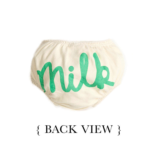 Milk Unisex Bloomer    For the Nestle 100% organic cotton, GOTS certified Vivid soft, touchful resolution Hypoallergenic, safe for sensitive skin  On the Gentle Water-based ink print Ethically sourced and manufactured  In the Embrace Elastic waist and leg openings