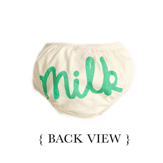 Milk Unisex Bloomer    For the Nestle 100% organic cotton, GOTS certified Vivid soft, touchful resolution Hypoallergenic, safe for sensitive skin  On the Gentle Water-based ink print Ethically sourced and manufactured  In the Embrace Elastic waist and leg openings