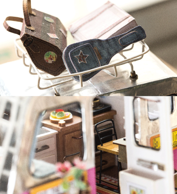 This DIY Mini Dollhouse Trailer scene makes you want to hit the road. Fun gift for a friend who loves to travel or the happy camper in you! Makes a great decor piece that's sure to get you talking about your next road trip or reminiscing about a jaunt of the good old days.      Name: DIY Art House-Cute Escape Packing size: 176 * 137 * 182mm Packing: carton Material: wood, metal, paper, cloth