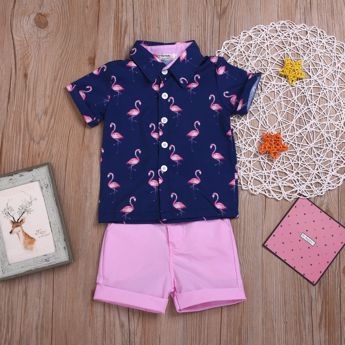 Boys Bright Flamingo Shirt & Shorts Set