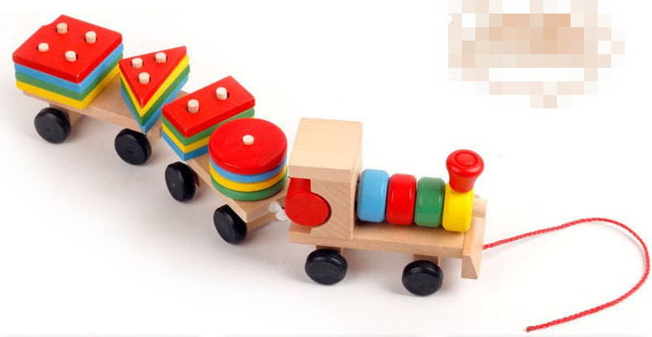 This is a solid wood train made with pegs for stacking shapes: circles, squares, triangles, and rectangles. Help your child learn colors and shapes while they pull this fun learning toy around the house.  Multi-colored.  The total length of the train is 28*9*6CM, // small shape block 5*2*0.8CM