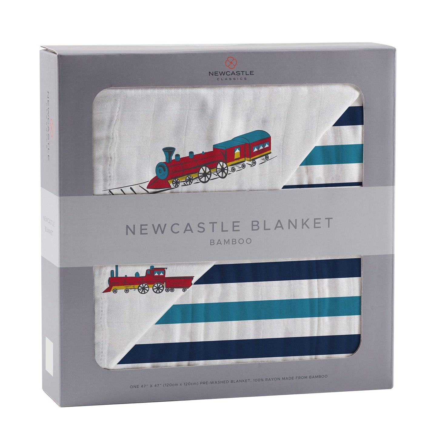 Vintage Steam Trains and Blue Stripe Bamboo Muslin Blanket