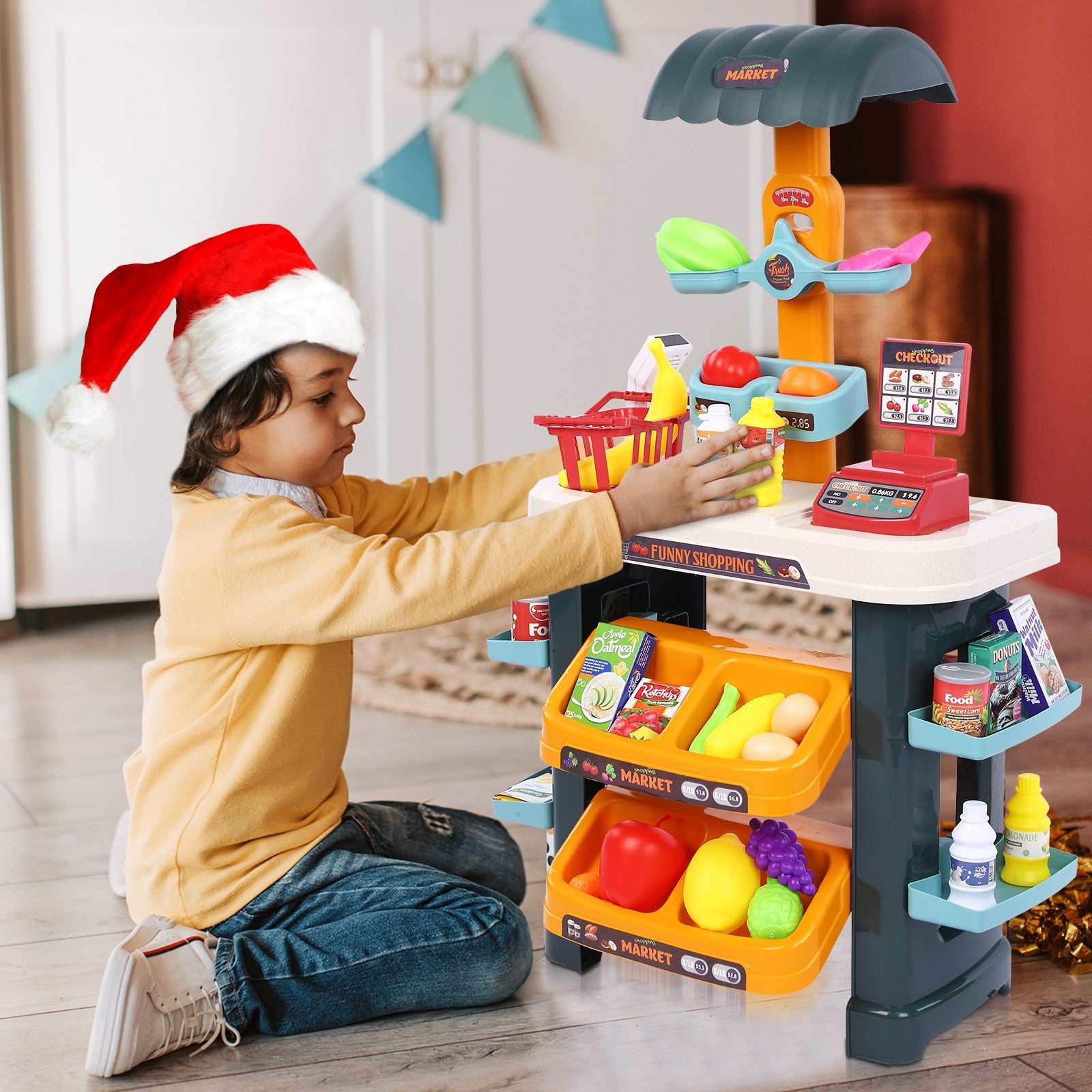 Grocery Store Selling Stand – Supermarket Playset w/ Toy Cash