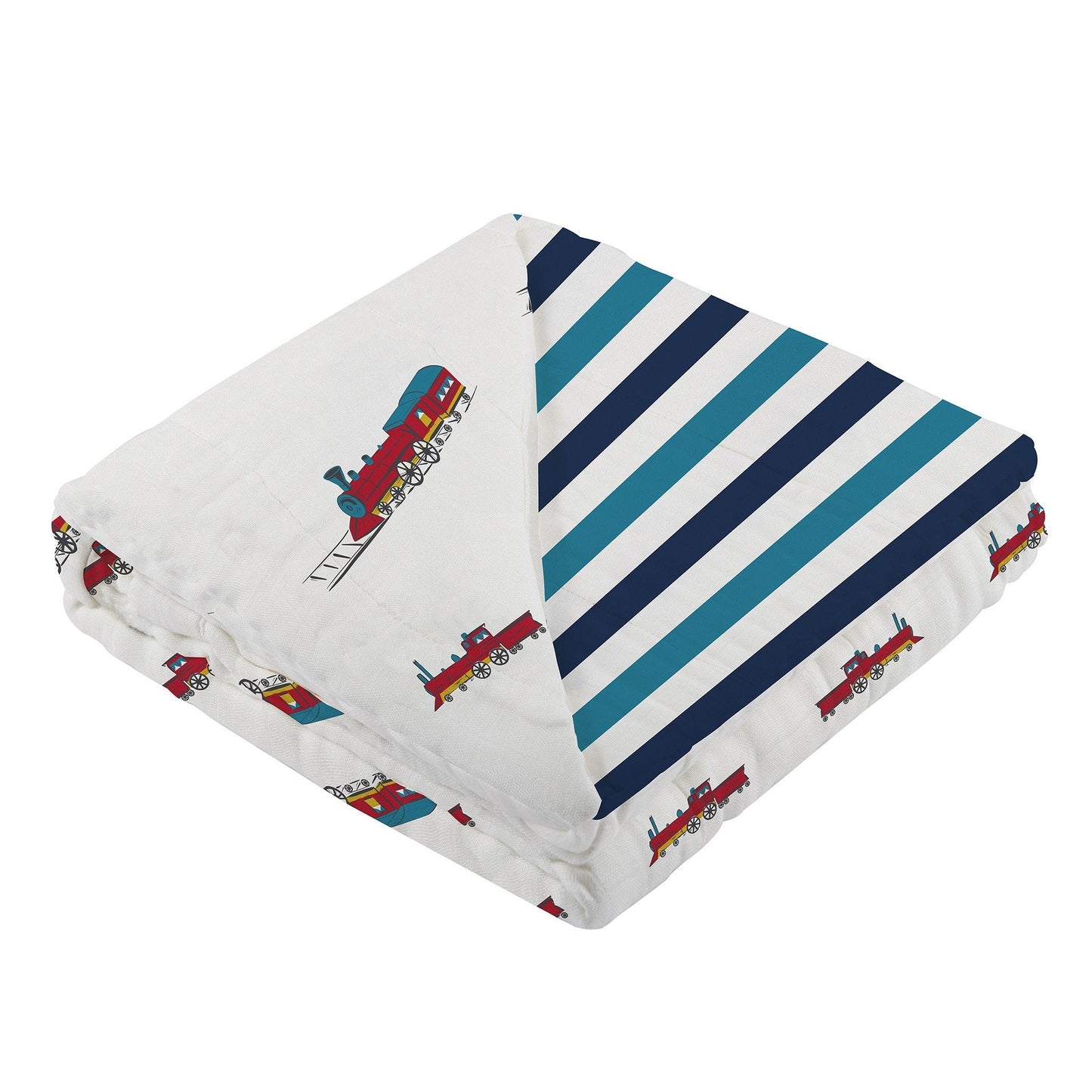 Vintage Steam Trains and Blue Stripe Bamboo Muslin Blanket