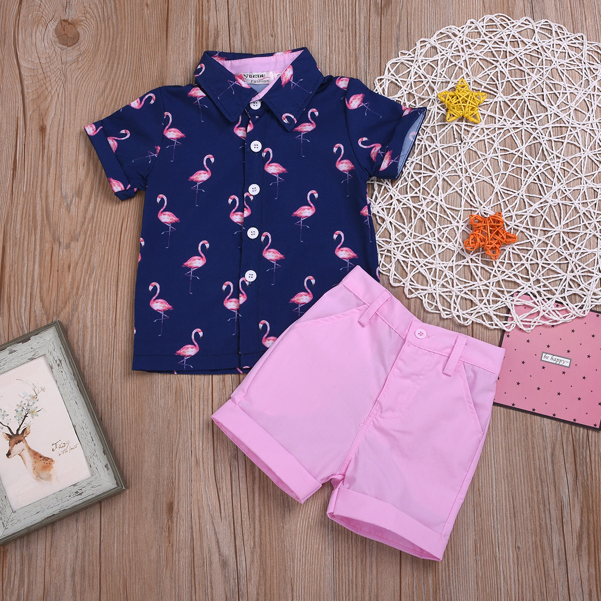 Boys Bright Flamingo Shirt & Shorts Set