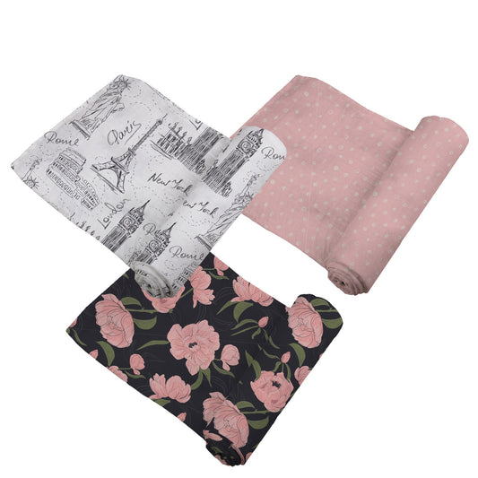 London, Paris, New York - Peonies - Dusty Rose Swaddle - 3 Pack