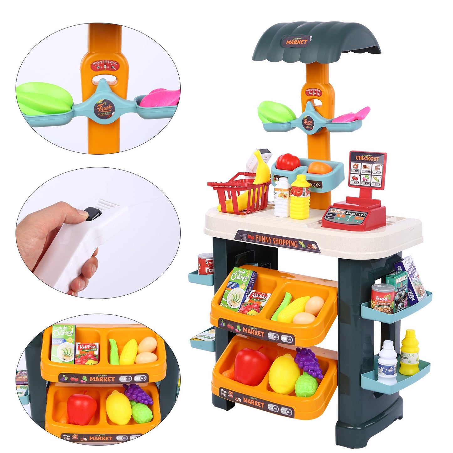Grocery Store Selling Stand – Supermarket Playset w/ Toy Cash