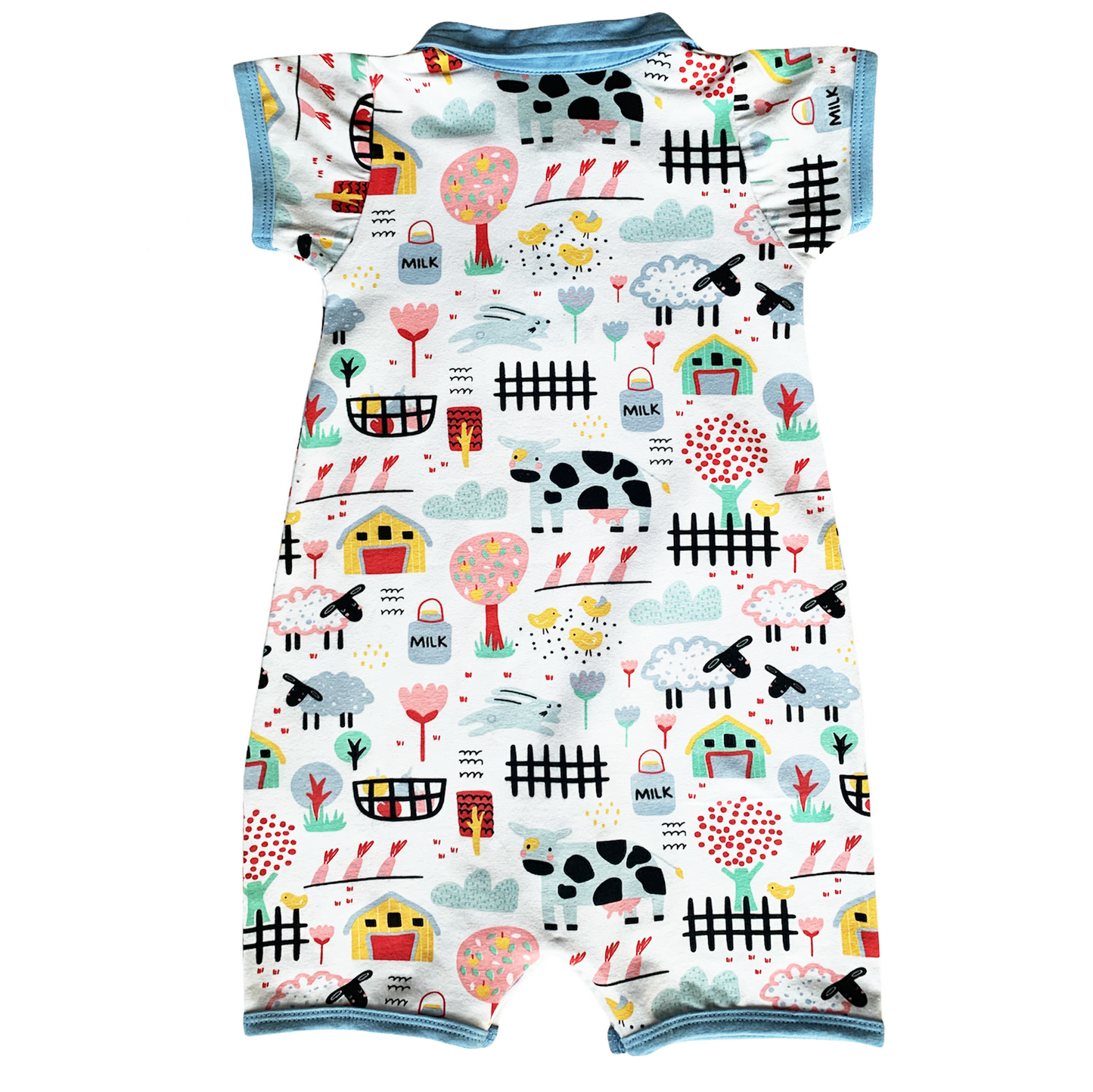 AnnLoren Boys One Piece Short Sleeve Romper. Fun Farm Animal Print with blue collar and 2 buttons in front. Snaps at inseam for easy changin
