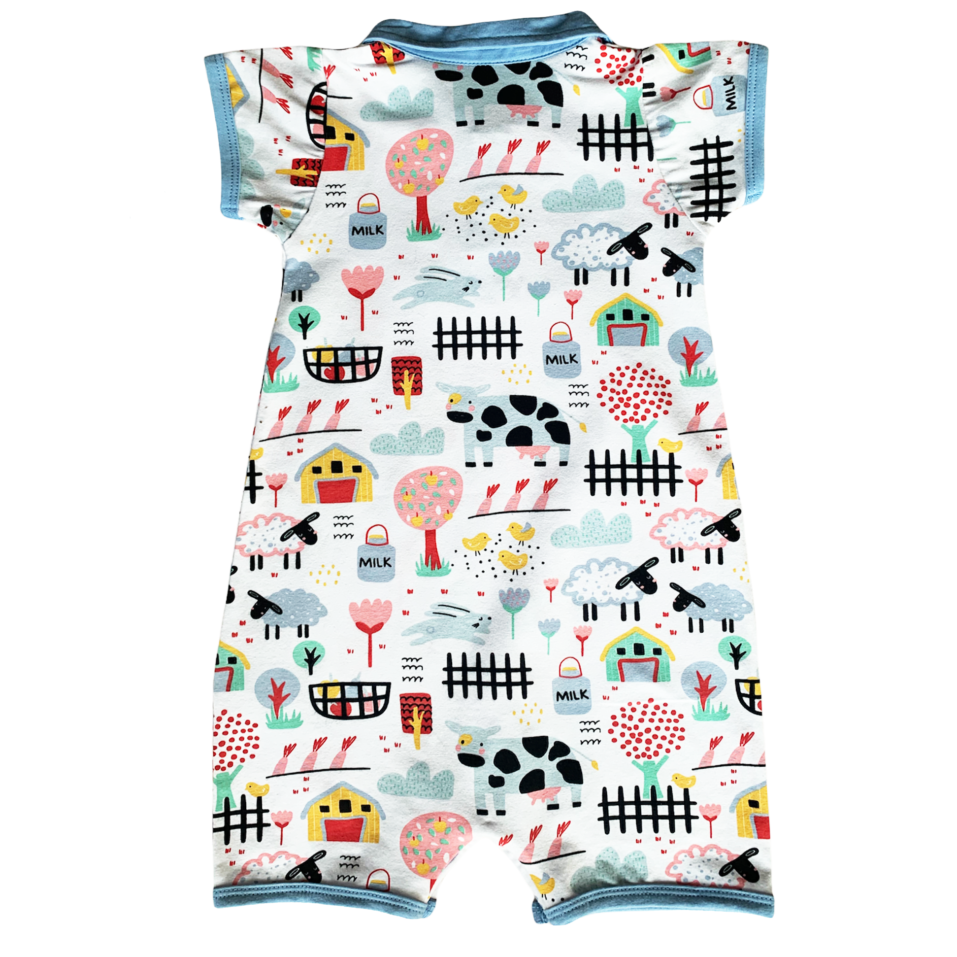 AnnLoren Boys One Piece Short Sleeve Romper. Fun Farm Animal Print with blue collar and 2 buttons in front. Snaps at inseam for easy changin