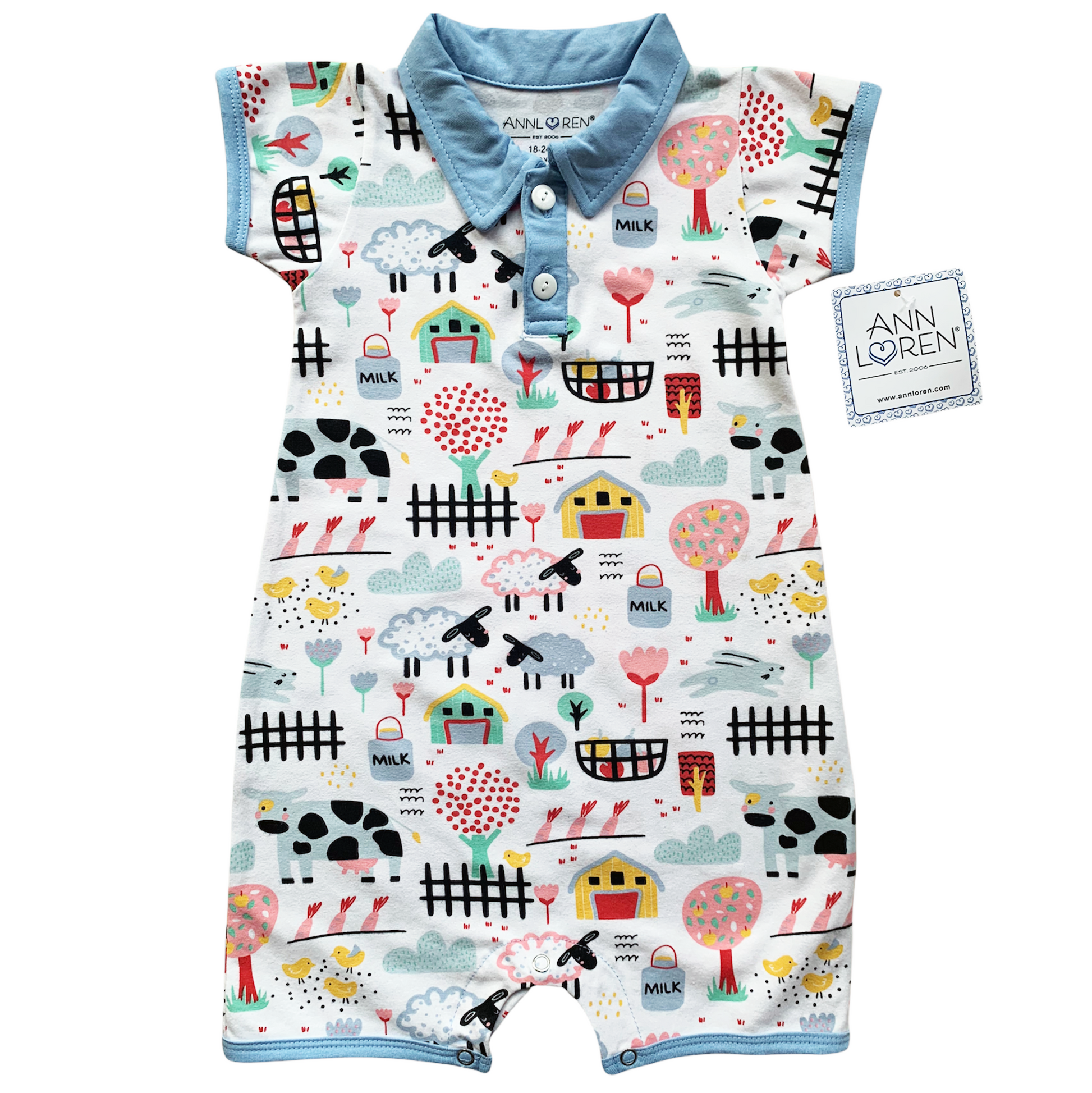 AnnLoren Boys One Piece Short Sleeve Romper. Fun Farm Animal Print with blue collar and 2 buttons in front. Snaps at inseam for easy changin