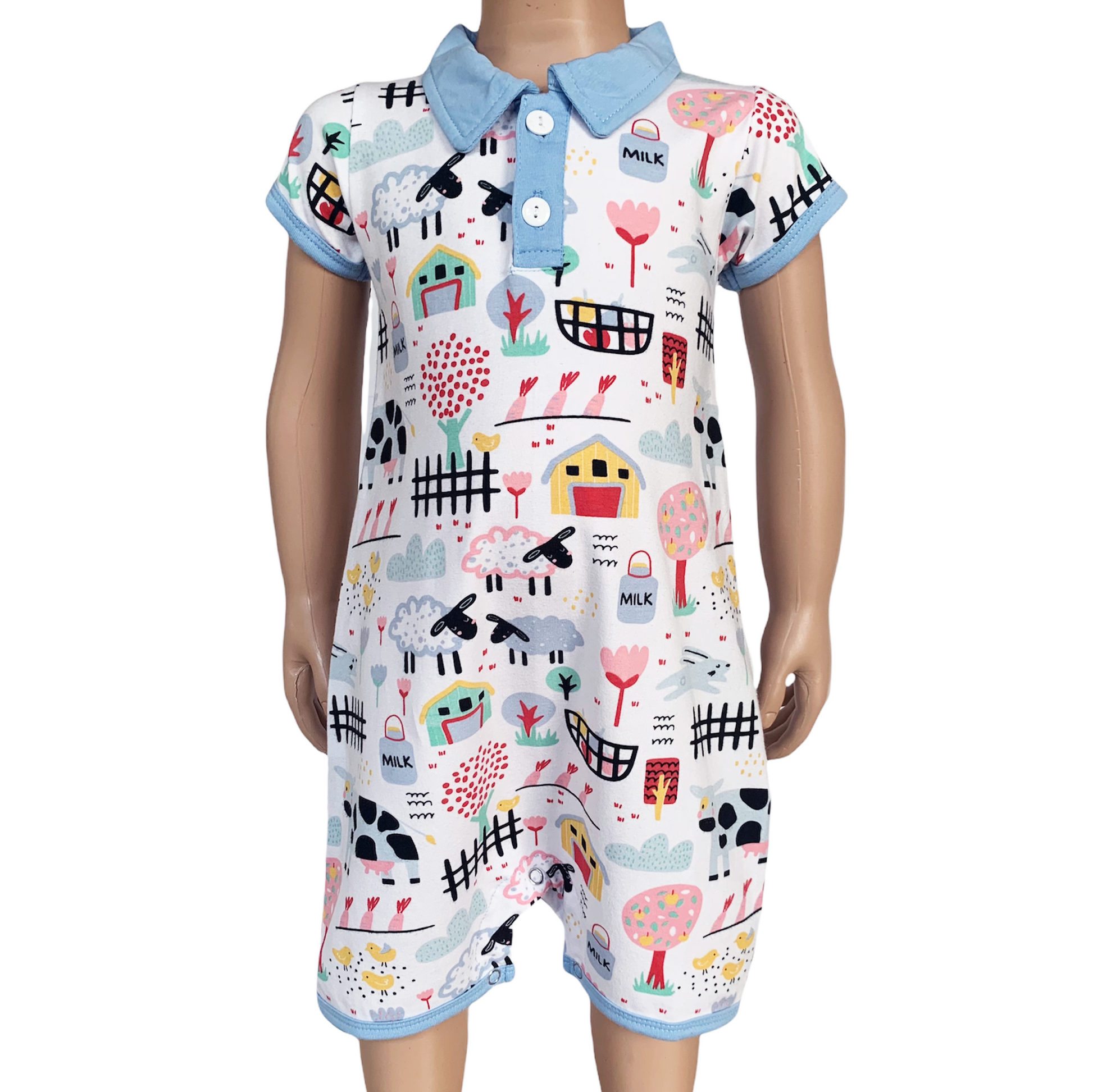 AnnLoren Boys One Piece Short Sleeve Romper. Fun Farm Animal Print with blue collar and 2 buttons in front. Snaps at inseam for easy changin