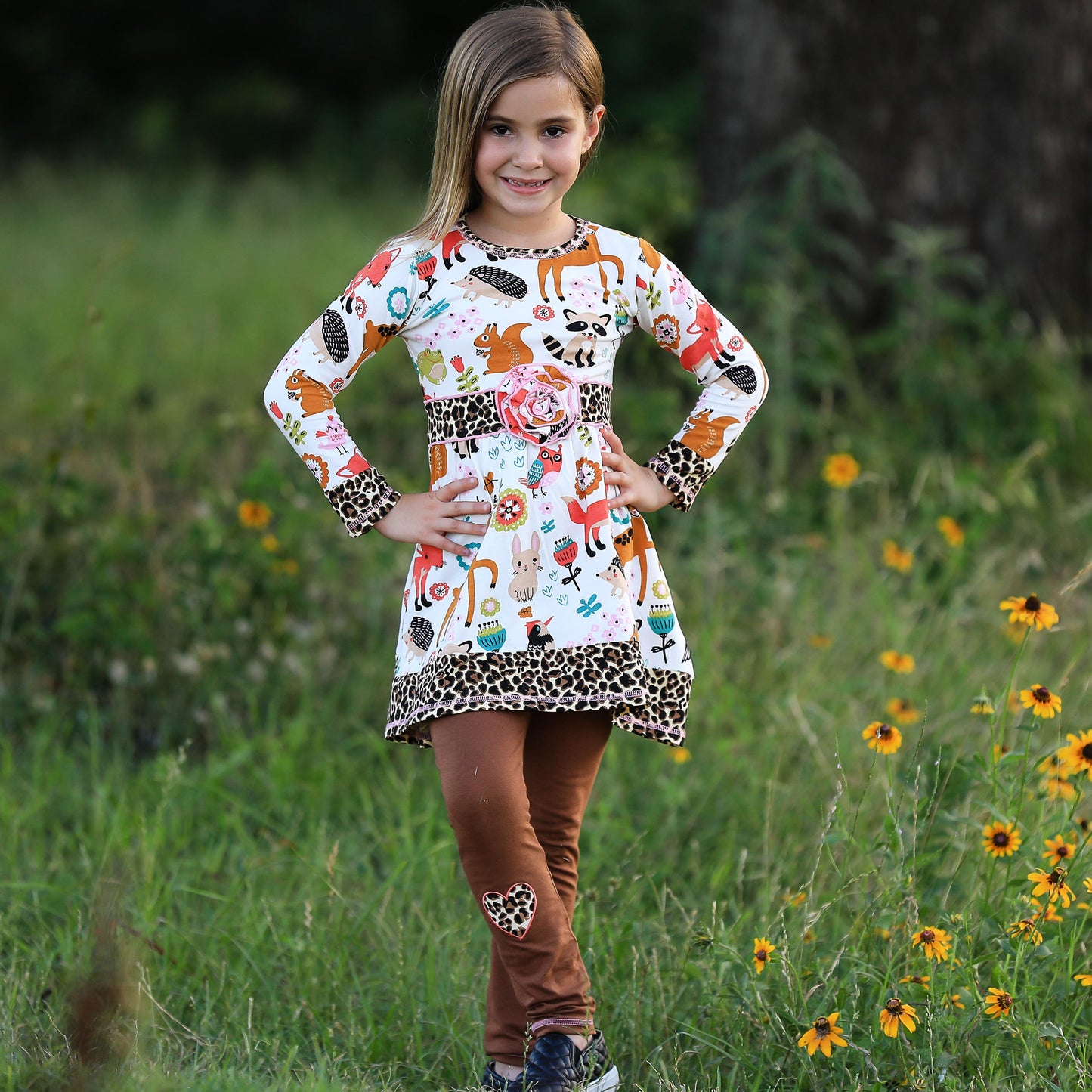 Girls Boutique Fall Forest Fox and Friends Dress & Leggings Set