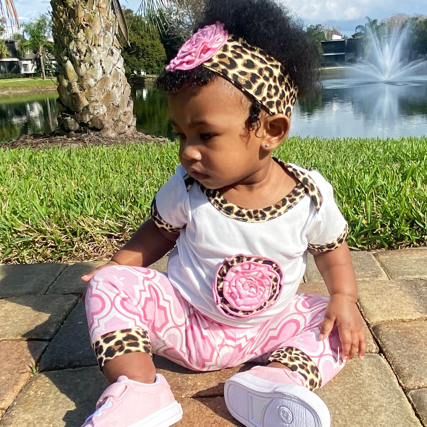 Baby Girls Layette Pink Leopard Onesie Pants Headband 3pc