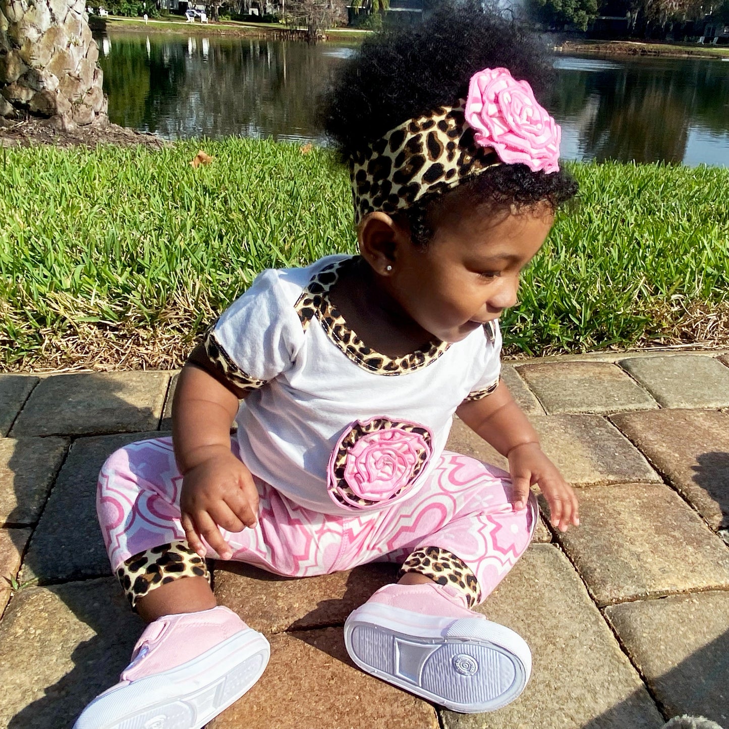 Baby Girls Layette Pink Leopard Onesie Pants Headband 3pc