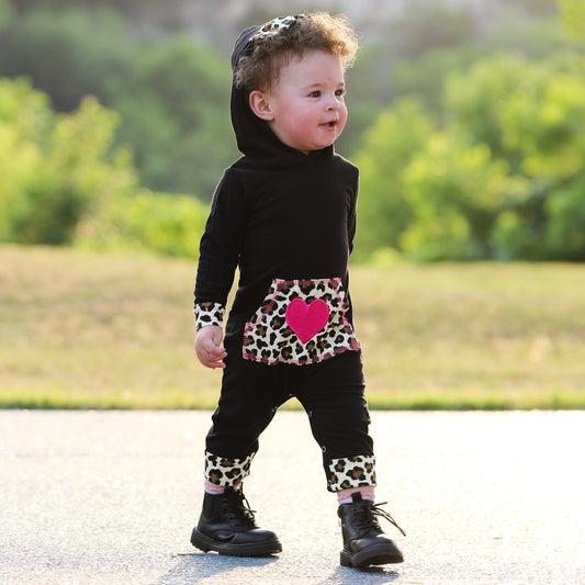Girls Long Sleeve Leopard Heart Baby Toddler Romper Hoodie