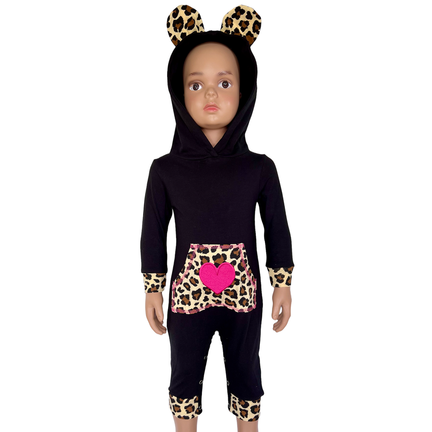 AnnLoren Girls Long Sleeve Leopard Heart Baby Toddler Romper Hoodie One Piece