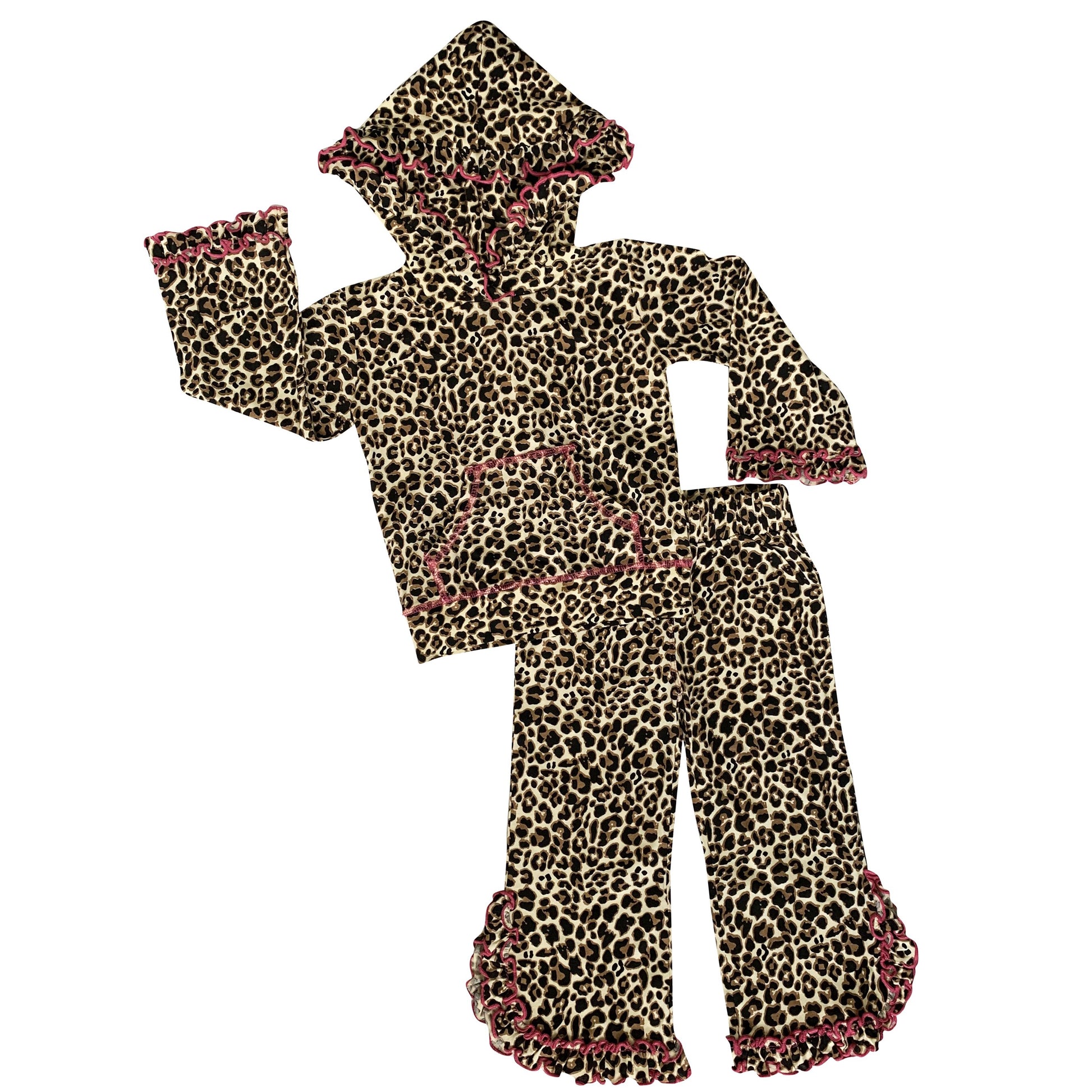 AnnLoren 2 piece Ruffle Hoodie Track Suit, made extra Trendy with ruffles on breathable, cotton-stretch fabric. Features Kangaroo pocket and Elastic waist band for a comfortable fit. 95% Cotton 5% Spandex. Made in Egypt.  Perfect for school, Play and everyday!