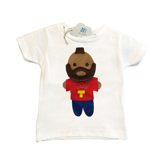 We pity the fool who doesn't snatch up this "Mr. T" Inspired onesie! Join the A-Team with this one-of-a-kind hand-crafted T-shirt! Check out his signature hairstyle & gold chains! This is the perfect gift for your little one!  Handmade and hand-stitched! Materials: Felt pieces cut and appliqued to the 100% cotton onesie. This cool unique T-shirt is made to order and with 100% love!  Available is sizes 18m to 5/6T