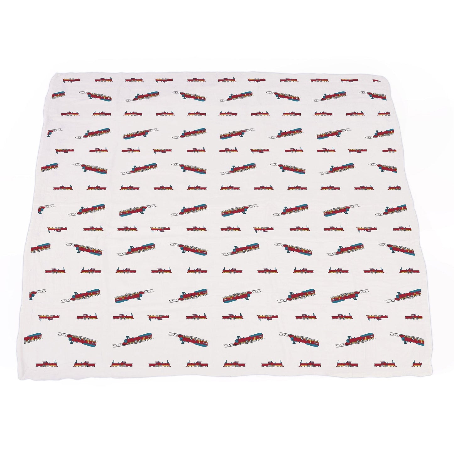 Vintage Steam Trains and Blue Stripe Bamboo Muslin Blanket