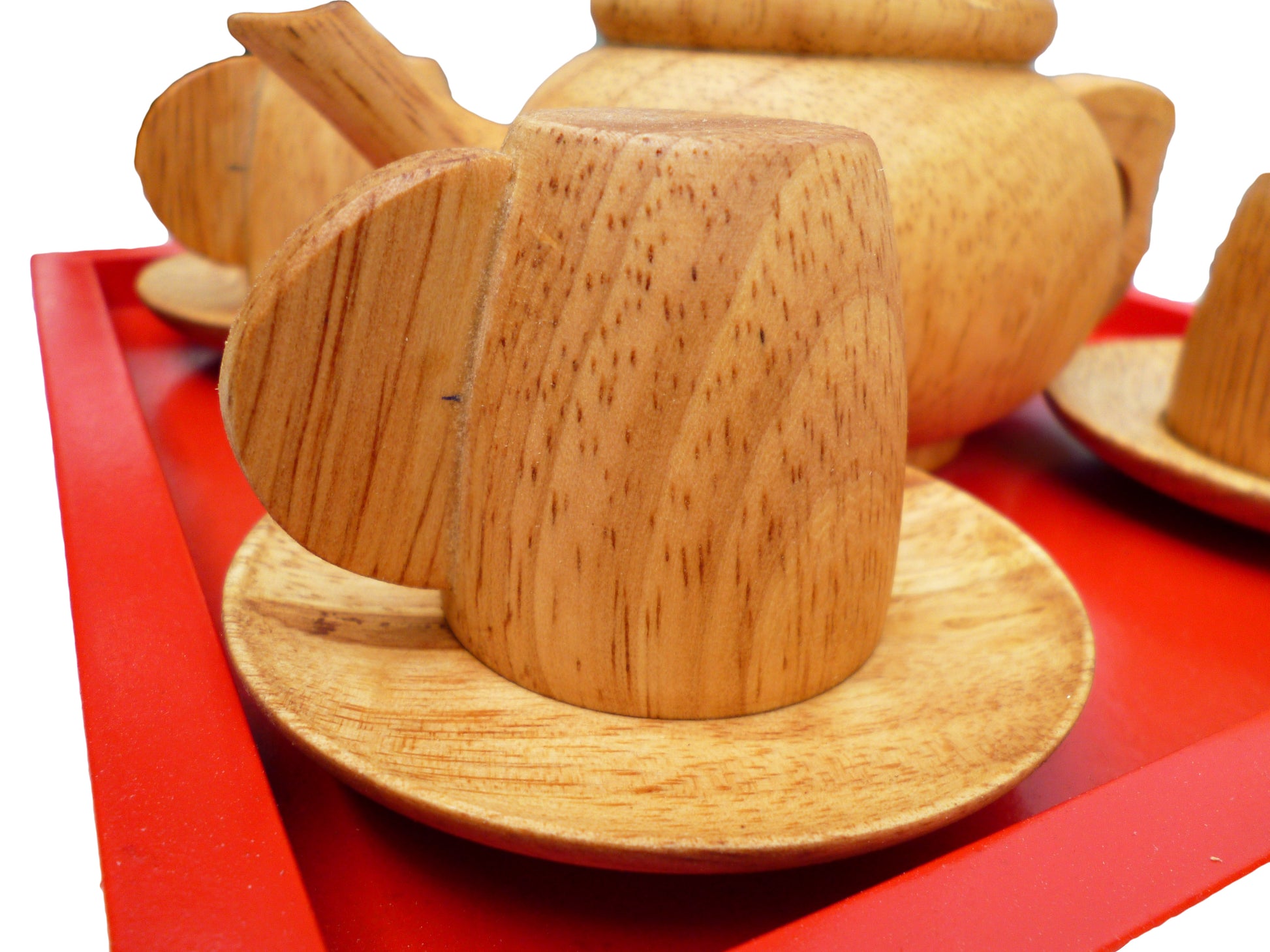Beautiful mahogany wood tea set with four cups and four plates. Beeswax finished. Nice for Montessori or Waldorf education.