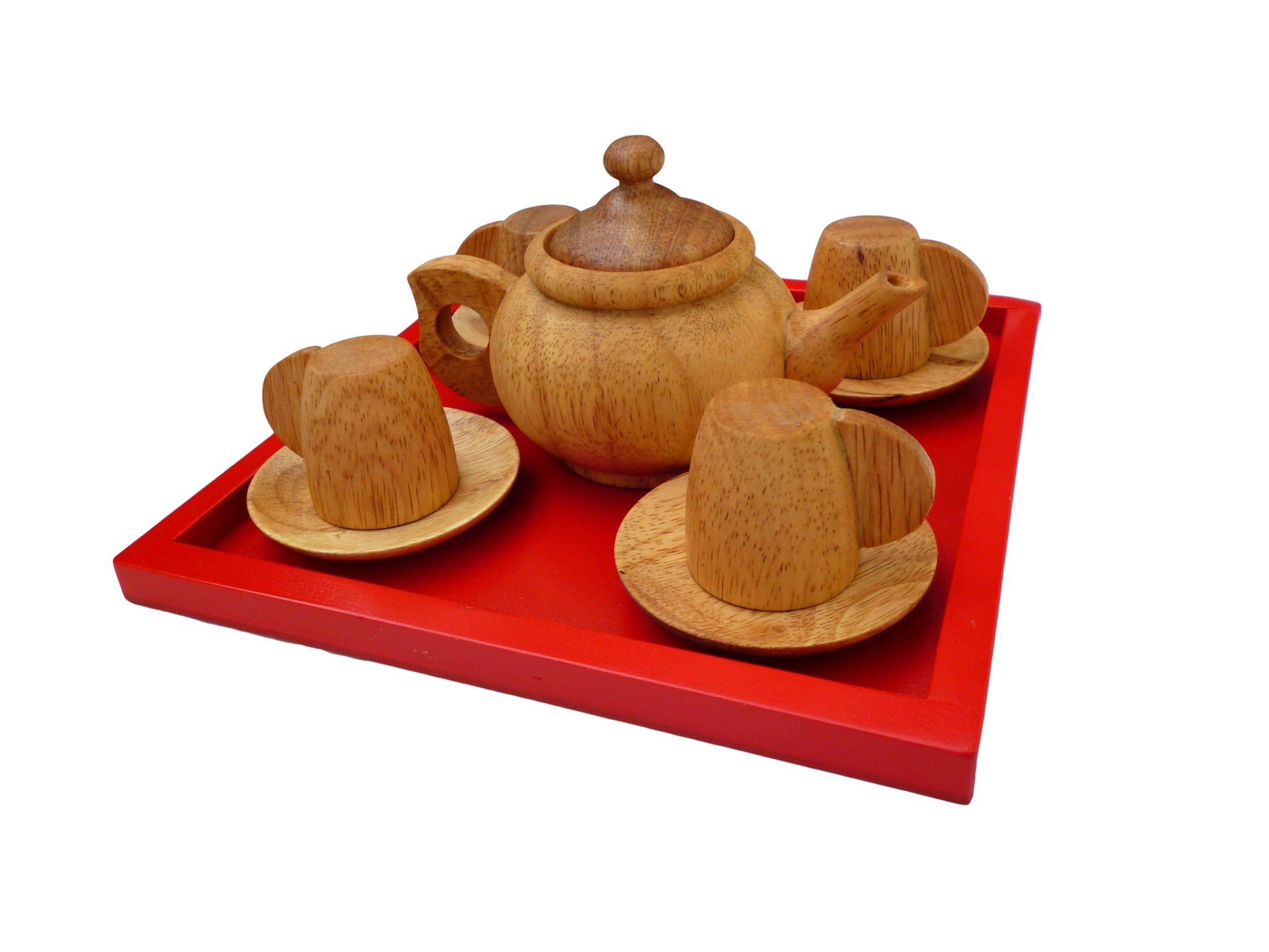 Beautiful mahogany wood tea set with four cups and four plates. Beeswax finished. Nice for Montessori or Waldorf education.