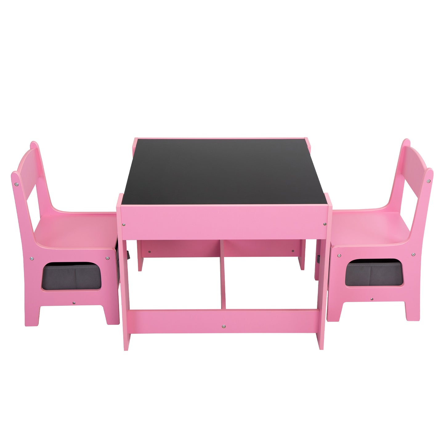 3-in-1 Kids Wood Table and 2 Chairs, Activity Table Set w/ Storage, Blackboard, Double-Sided Table
