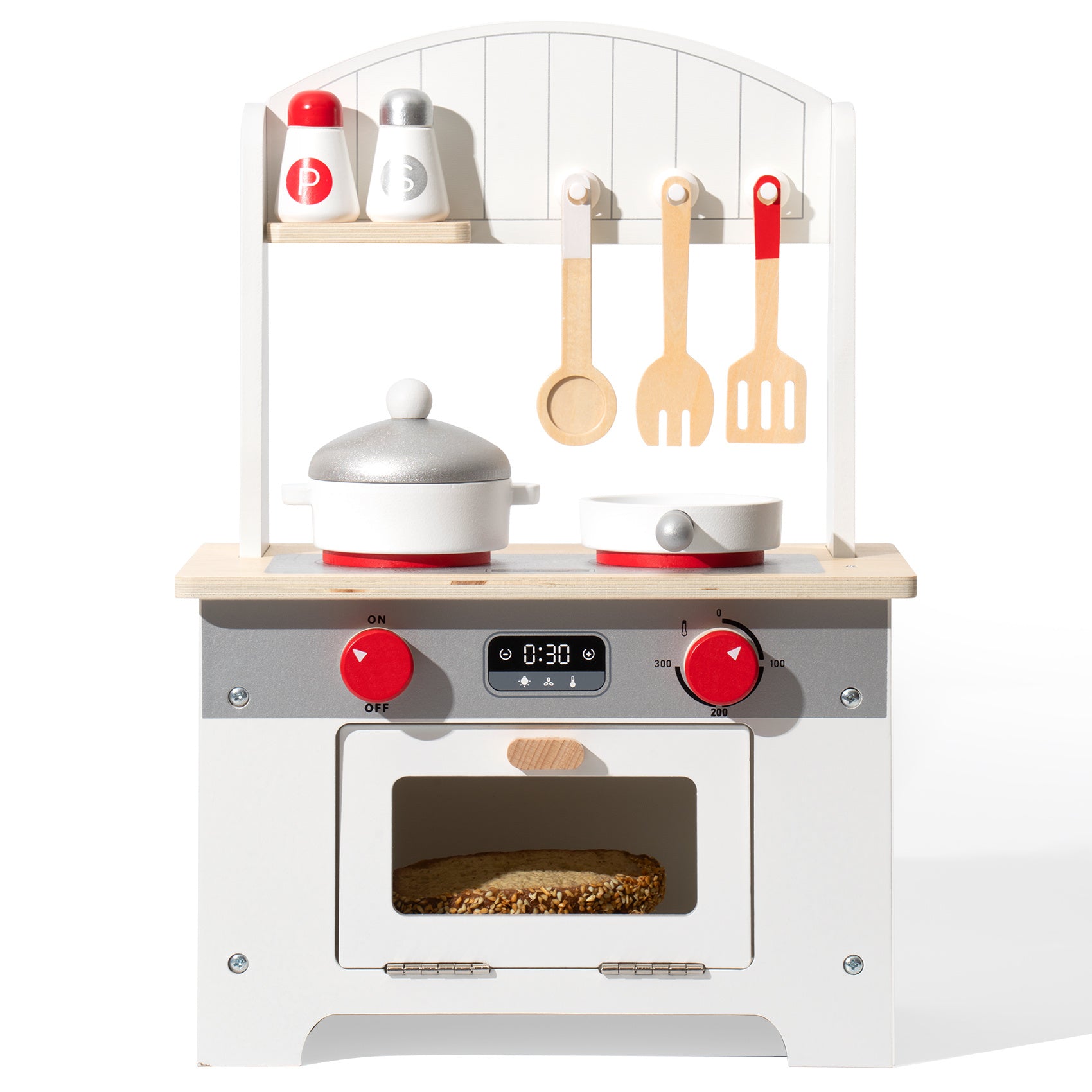 1. The structure of this product is made of MDF, and the kitchen accessories are made of solid wood, which is sturdy and durable.  2. This bright and colorful wooden kitchen set inspires early imaginative play by helping children understand the concept of "making" food. Enhance creativity and fine motor skills.  3. This kitchen includes 8 kitchen accessories, and the knob of the stove can make sounds to simulate the real kitchen scene.