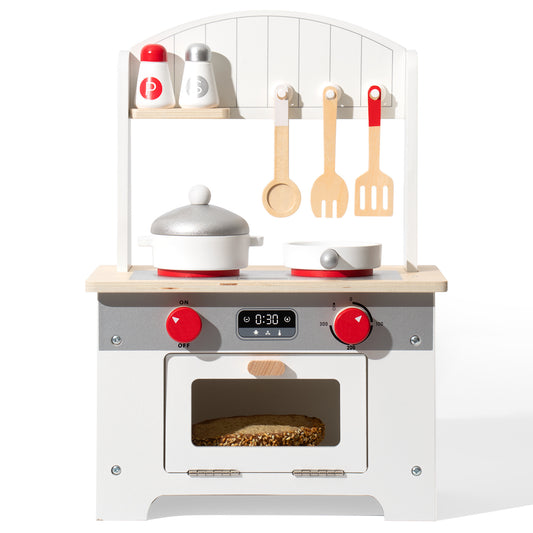 1. The structure of this product is made of MDF, and the kitchen accessories are made of solid wood, which is sturdy and durable.  2. This bright and colorful wooden kitchen set inspires early imaginative play by helping children understand the concept of "making" food. Enhance creativity and fine motor skills.  3. This kitchen includes 8 kitchen accessories, and the knob of the stove can make sounds to simulate the real kitchen scene.