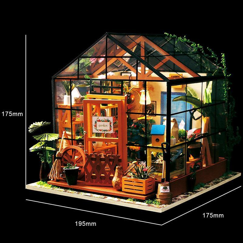 Enjoy the stress-relieving hobby of assembling this DIY Mini Dollhouse, a little greenhouse hideaway for garden enthusiasts or those who wish they had a greener thumb... If you can stand to part with it, give as an impressive and heart-warming gift. It's a very inviting scene to gaze upon.    Details Assembly size: 195*175*175mm  Package size: 319*207*50mm  Wooden pieces: 231pcs