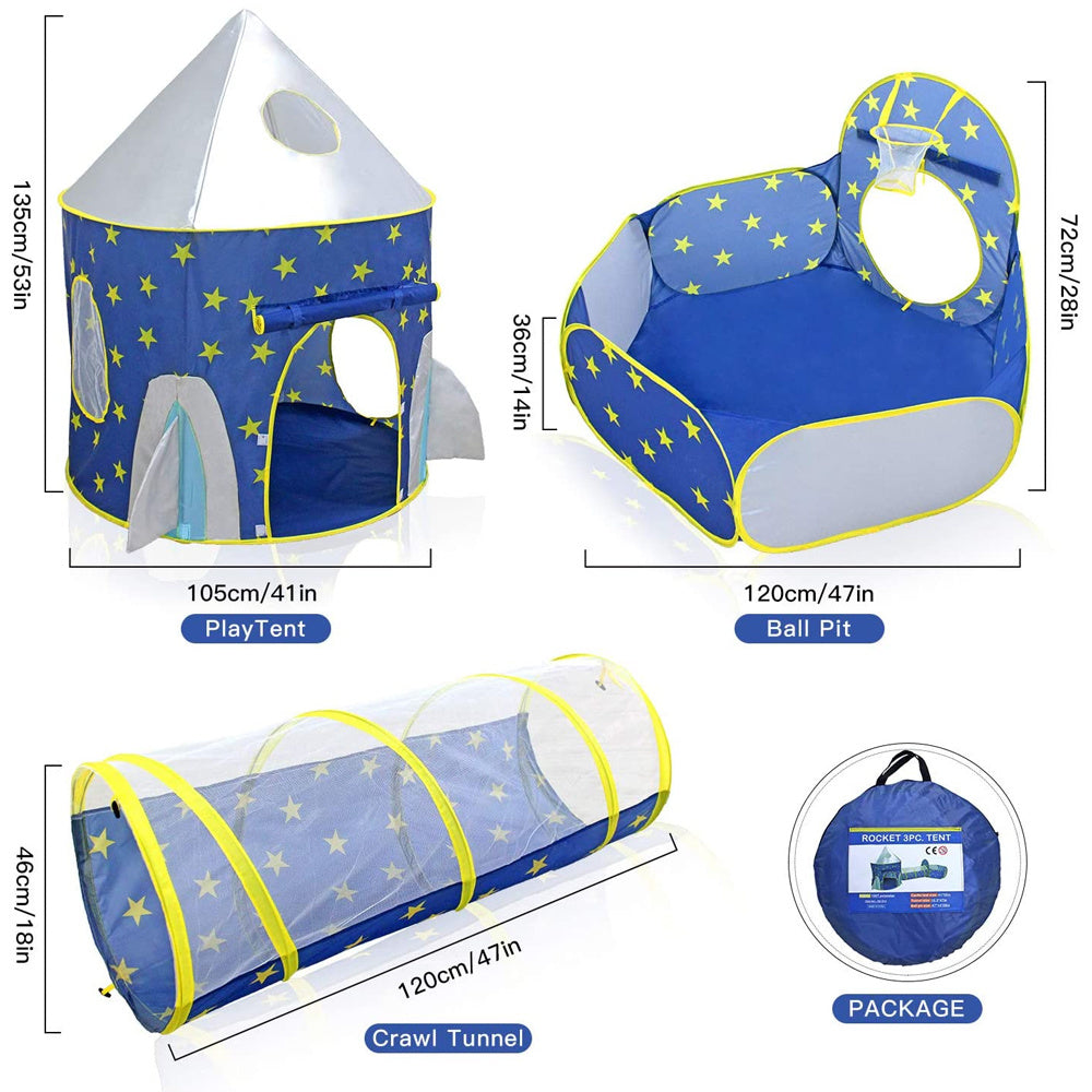 3 in 1 Rocket Ship - Indoor/Outdoor Tent w/ Tunnel Ball Pit Hoop